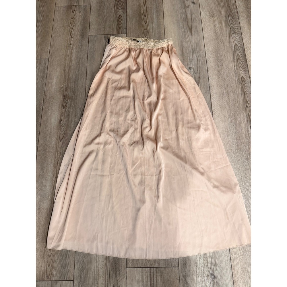 Kate Kasin Peach Satin Lace Trim Elastic Waist Maxi Skirt Small‎ Romantic Flowy